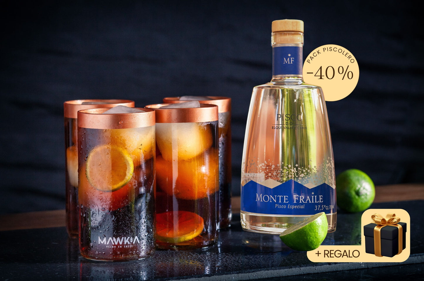 Pack Piscolero: Set de 4 vasos Piscolero Nacional + Pisco Monte Fraile + Recetario de autor + Videos guiados por un Barman + Botánico deshidratado + REGALO sorpresa GRATIS