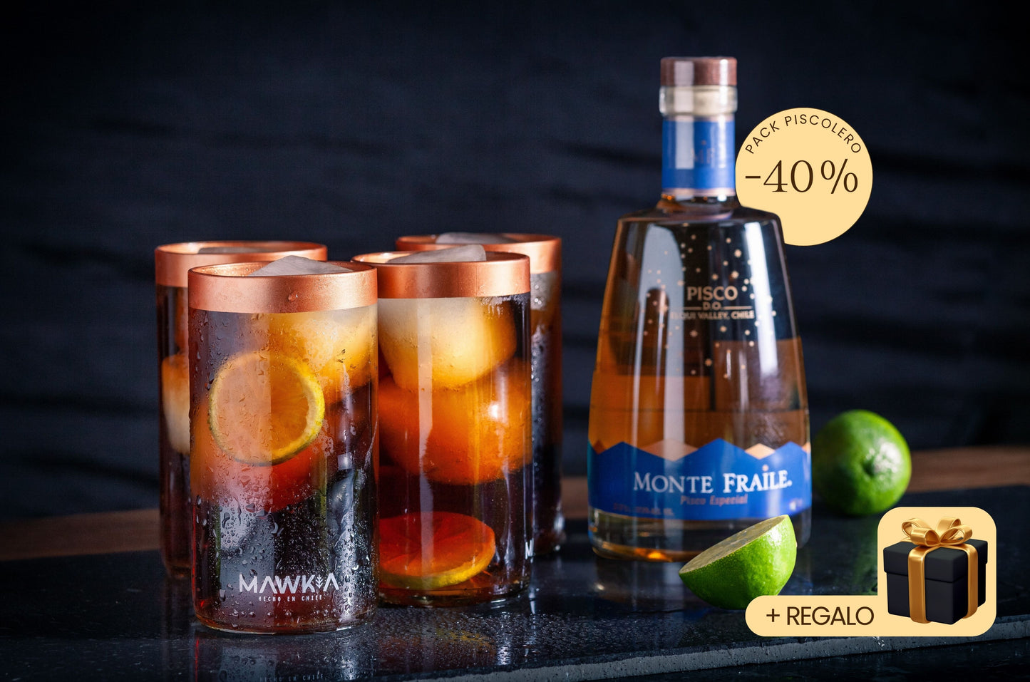 Pack Piscolero: Set de 4 vasos Piscolero Nacional + Pisco Monte Fraile + Recetario de autor + Videos guiados por un Barman + REGALO sorpresa GRATIS