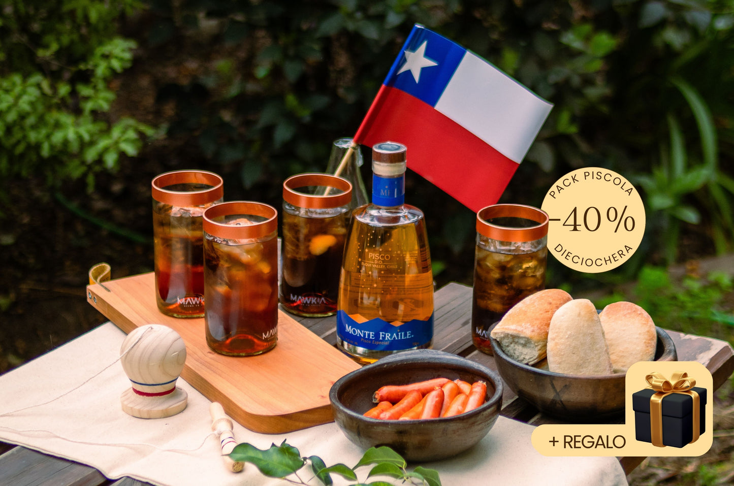 Pack Piscola Dieciochera: Set de 4 vasos Piscolero Nacional + Pisco Monte Fraile + Recetario de autor + Videos guiados por un Barman + Botánico deshidratado + REGALO sorpresa GRATIS
