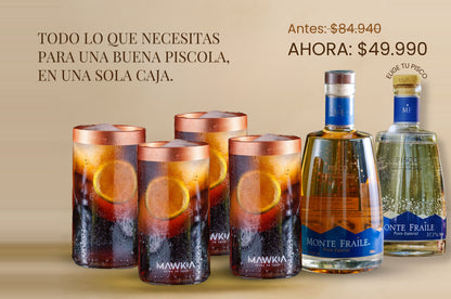 Pack Piscolero: Set de 4 vasos Piscolero Nacional + Pisco Monte Fraile + Recetario de autor + Videos guiados por un Barman + Botánico deshidratado + REGALO sorpresa GRATIS