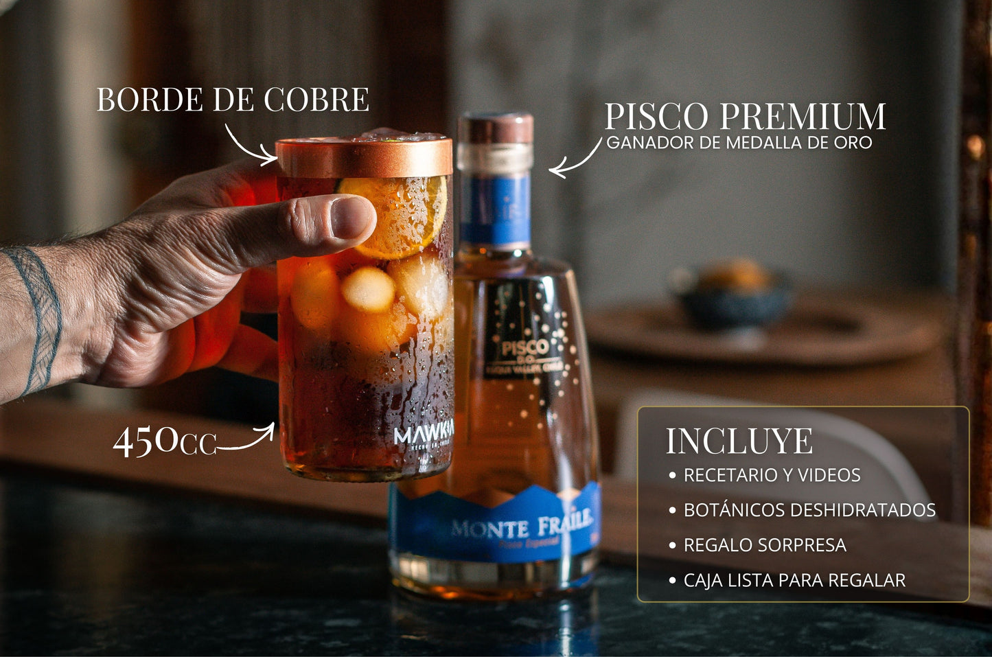 Pack Piscolero: Set de 4 vasos Piscolero Nacional + Pisco Monte Fraile + Recetario de autor + Videos guiados por un Barman + Botánico deshidratado + REGALO sorpresa GRATIS