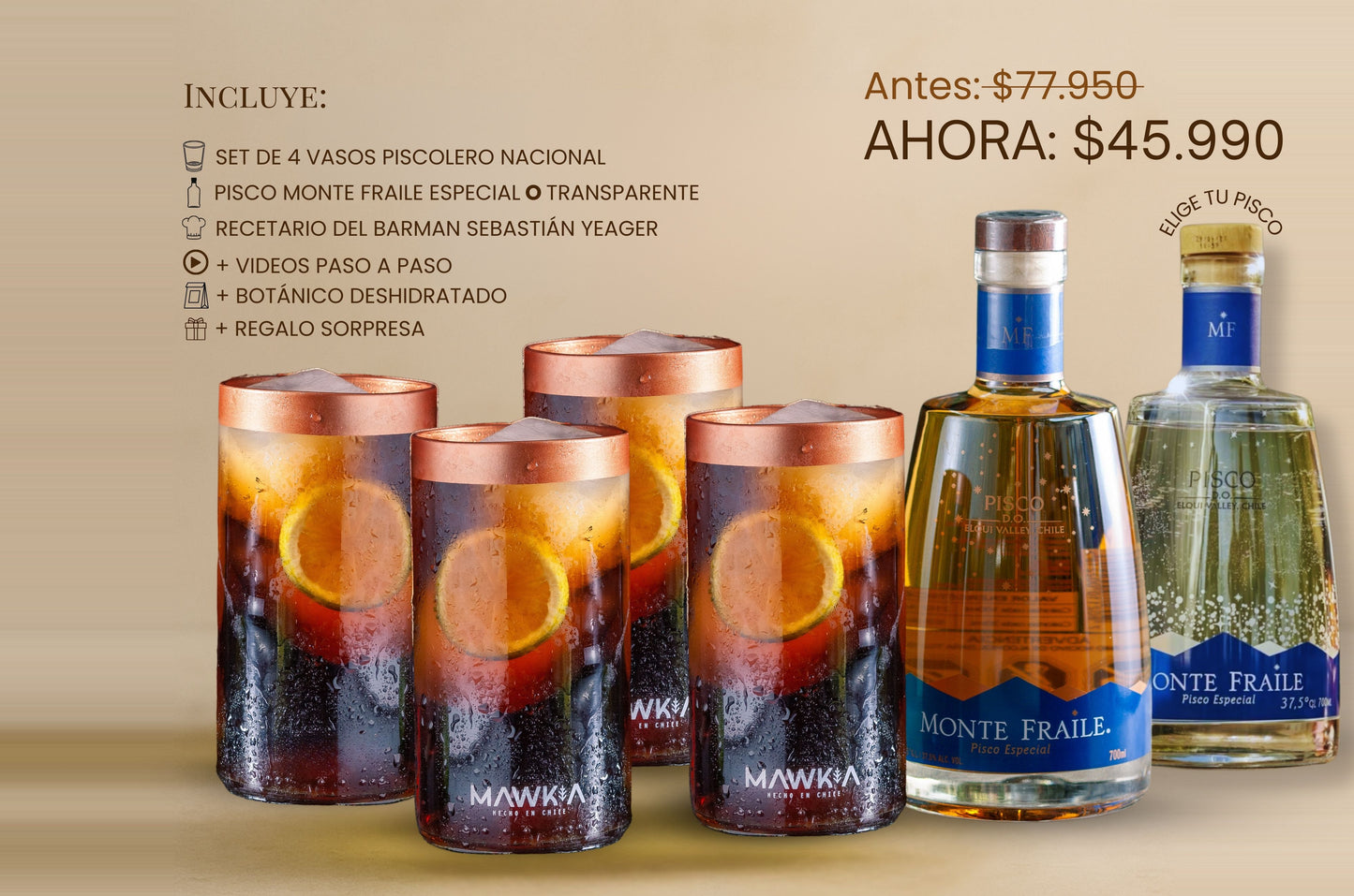 Pack Piscola Dieciochera: Set de 4 vasos Piscolero Nacional + Pisco Monte Fraile + Recetario de autor + Videos guiados por un Barman + Botánico deshidratado + REGALO sorpresa GRATIS