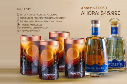 Pack Piscola Dieciochera: Set de 4 vasos Piscolero Nacional + Pisco Monte Fraile + Recetario de autor + Videos guiados por un Barman + Botánico deshidratado + REGALO sorpresa GRATIS