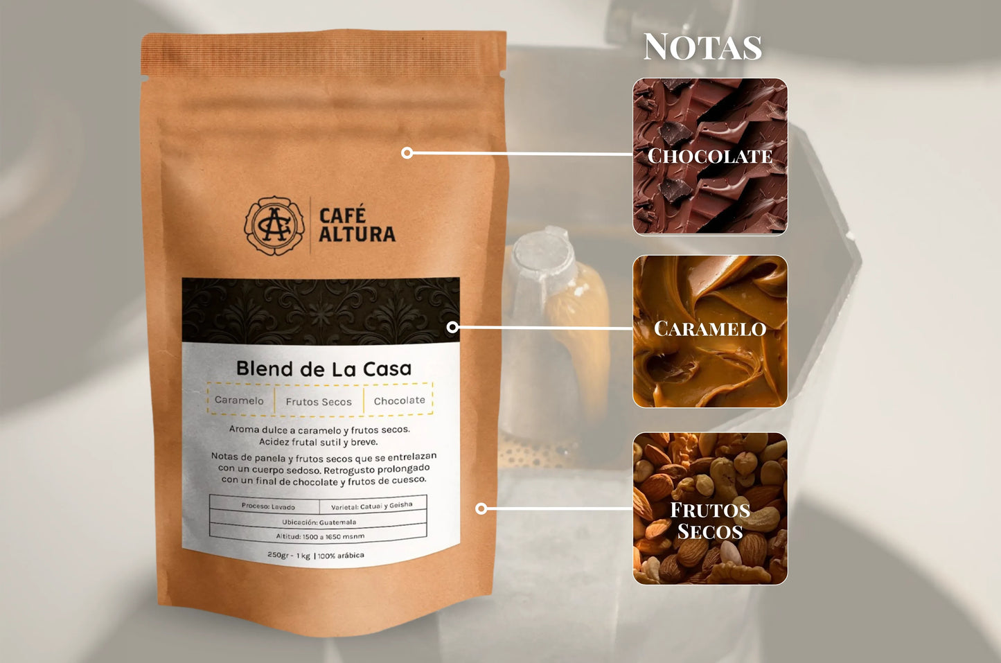 Pack Ritual del Café: Frasco contenedor Kurü + Café Blend de la Casa por Café Altura (250 gr) + Guía práctica para mejorar tu café