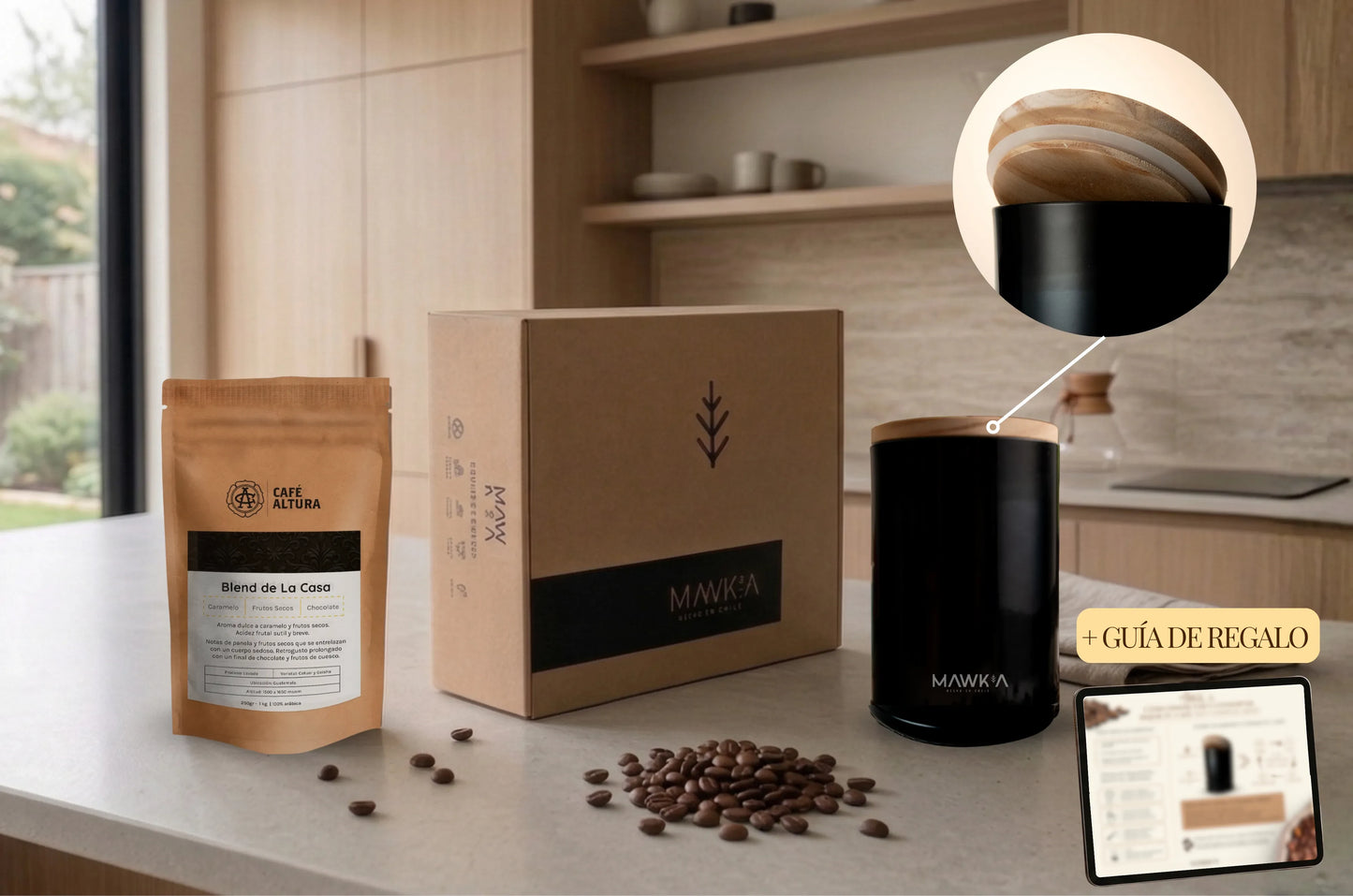 Pack Ritual del Café: Frasco contenedor Kurü + Café Blend de la Casa por Café Altura (250 gr) + Guía práctica para mejorar tu café